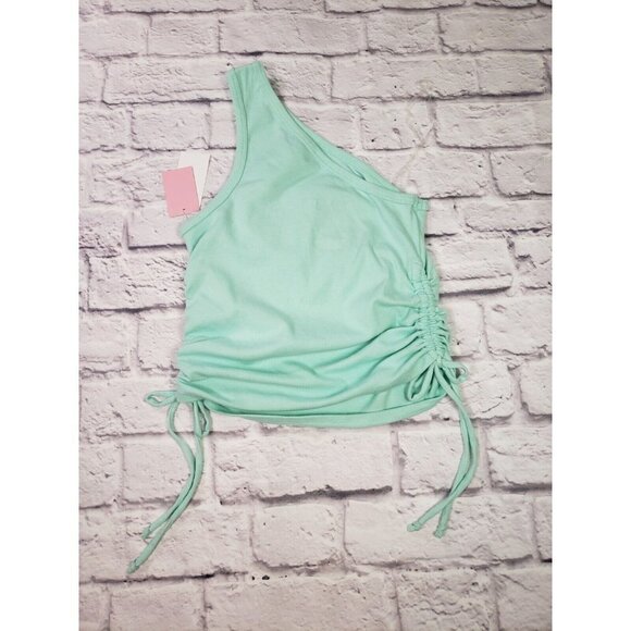 NEW Hello Kitty Jrs Mint Green One Shoulder Side Shirred Cropped Tank Top - Picture 2 of 2